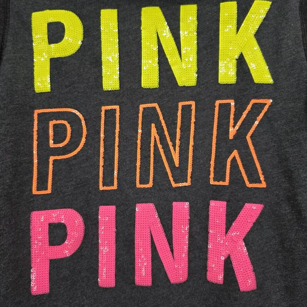 PINK Victoria's Secret Gray Neon Dog Logo Sequin Bling Full Zip Hoodie Medium
